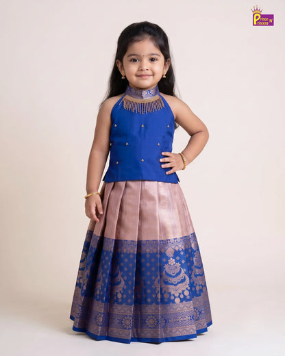 Girls Royal Blue & Blush Gold Zari Pattu Pavadai Set PPP2171
