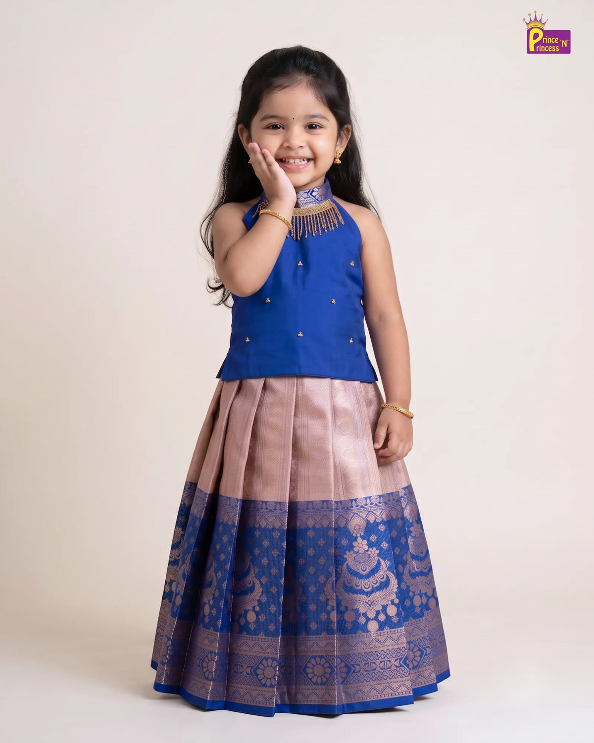 Girls Royal Blue & Blush Gold Zari Pattu Pavadai Set PPP2171