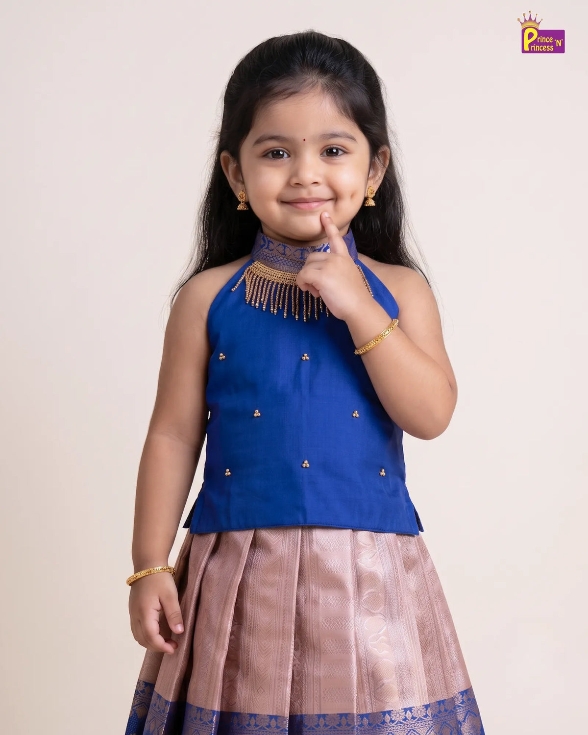 Girls Royal Blue & Blush Gold Zari Pattu Pavadai Set PPP2171