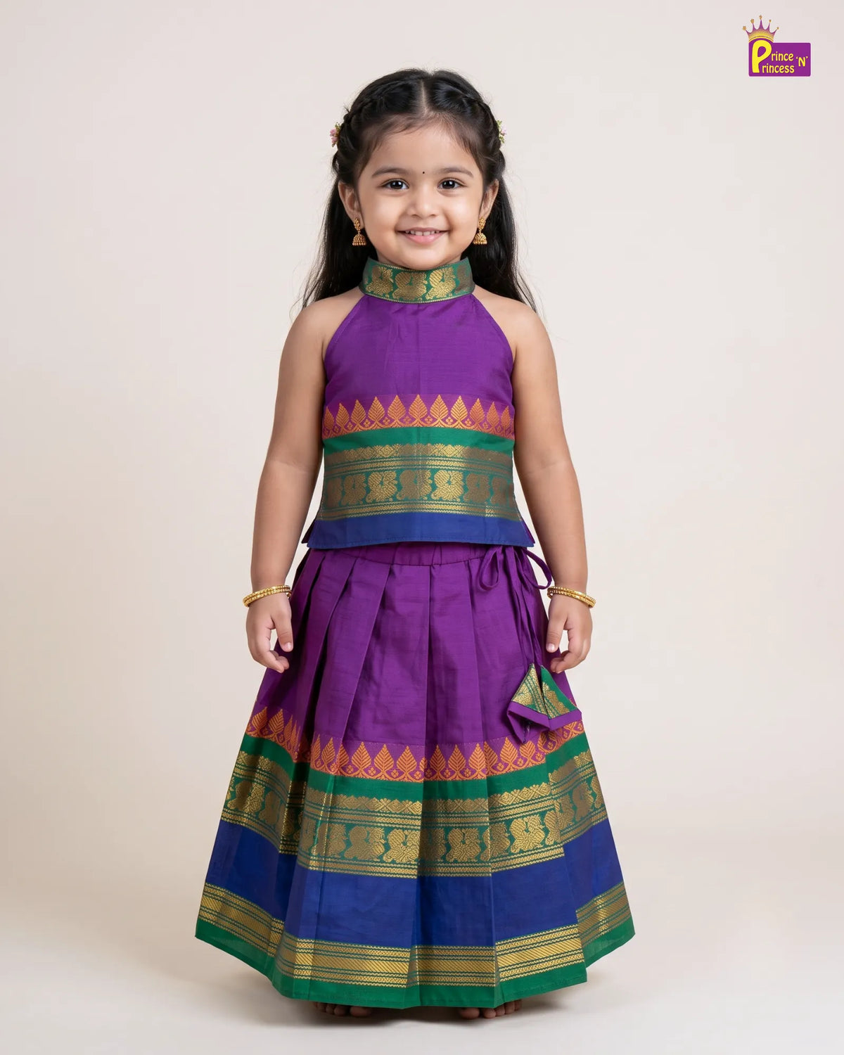 Girls Purple Green Blue Border Cotton Halter Neck Pattu Pavadai Set PPP2170