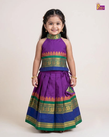 Girls Purple Green Blue Border Cotton Halter Neck Pattu Pavadai Set PPP2170