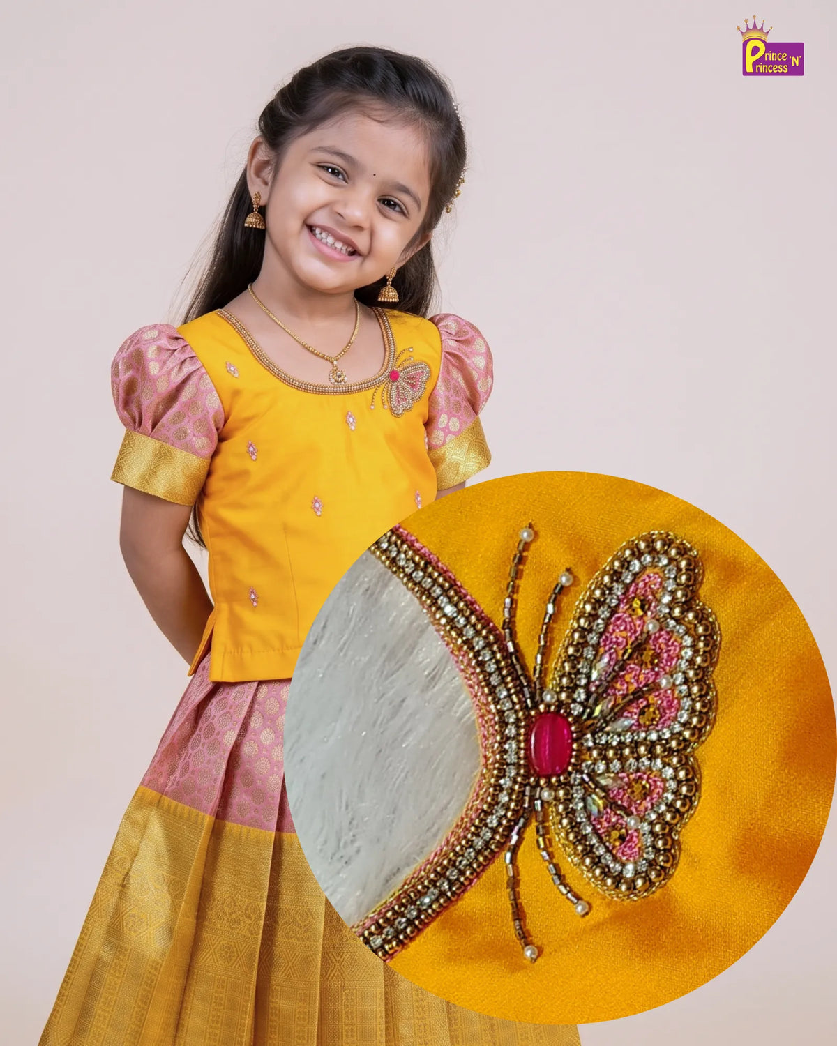 Girls Yellow & Pink Butterfly Pattu Pavadai Set for Diwali PPP2181