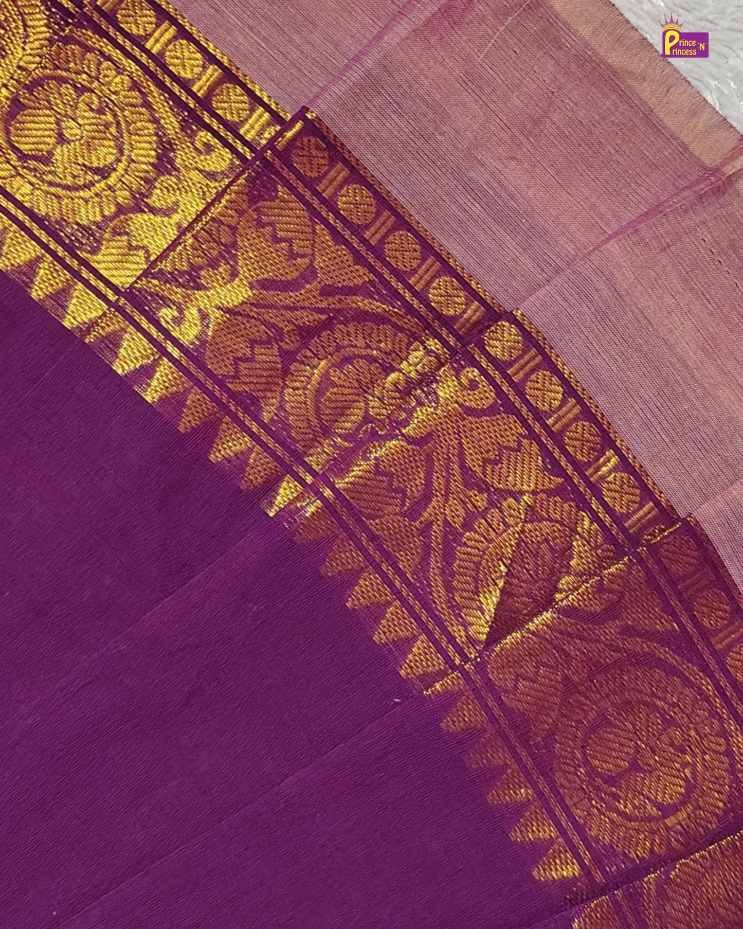 Girls Chettinad Pattu Gown – Royal Purple Cotton Chettinad Dress with Gold Temple Zari Border PG717