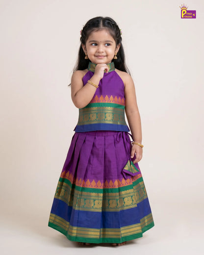 Girls Purple Green Blue Border Cotton Halter Neck Pattu Pavadai Set PPP2170