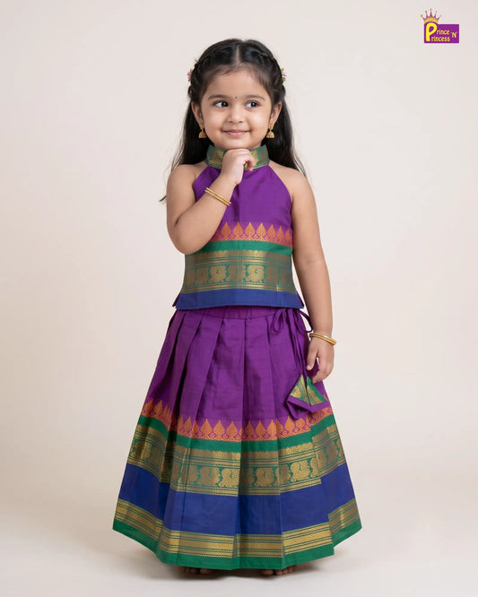 Girls Purple Green Blue Border Cotton Halter Neck Pattu Pavadai Set PPP2170