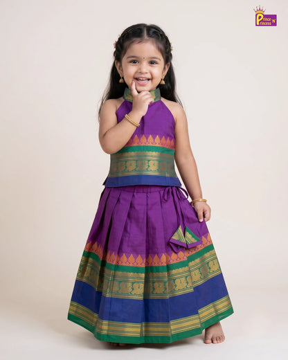 Girls Purple Green Blue Border Cotton Halter Neck Pattu Pavadai Set PPP2170