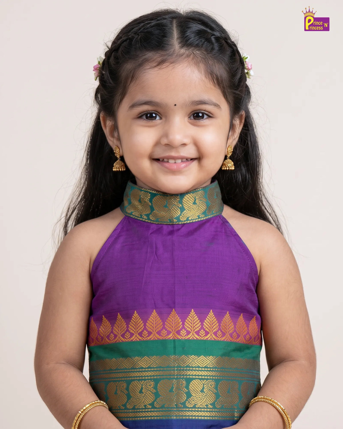 Girls Purple Green Blue Border Cotton Halter Neck Pattu Pavadai Set PPP2170
