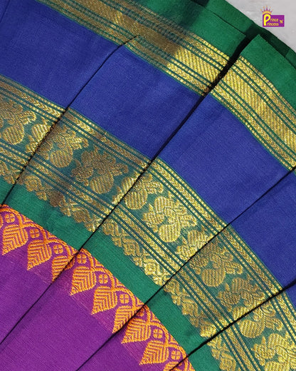 Girls Purple Green Blue Border Cotton Halter Neck Pattu Pavadai Set PPP2170