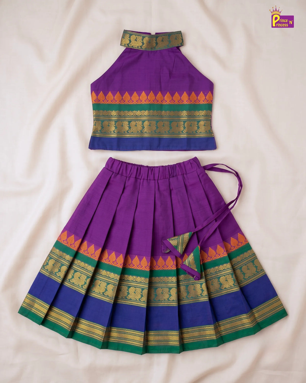 Girls Purple Green Blue Border Cotton Halter Neck Pattu Pavadai Set PPP2170