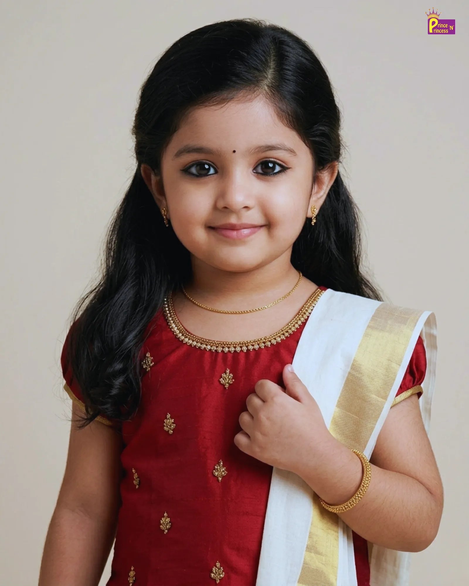 Young girl in a red and white traditional outfit with gold accents on a beige background