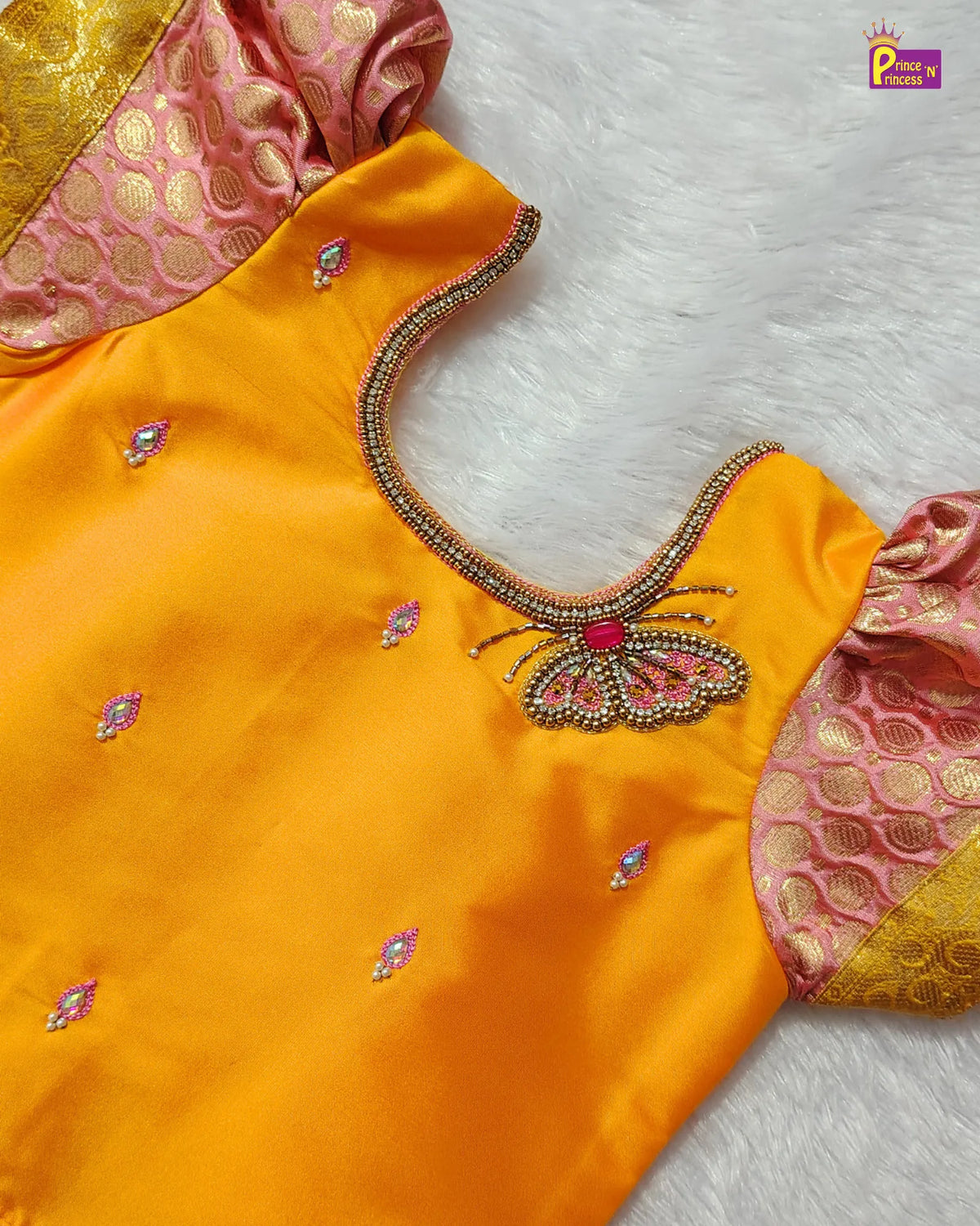 Girls Yellow & Pink Butterfly Pattu Pavadai Set for Diwali PPP2181