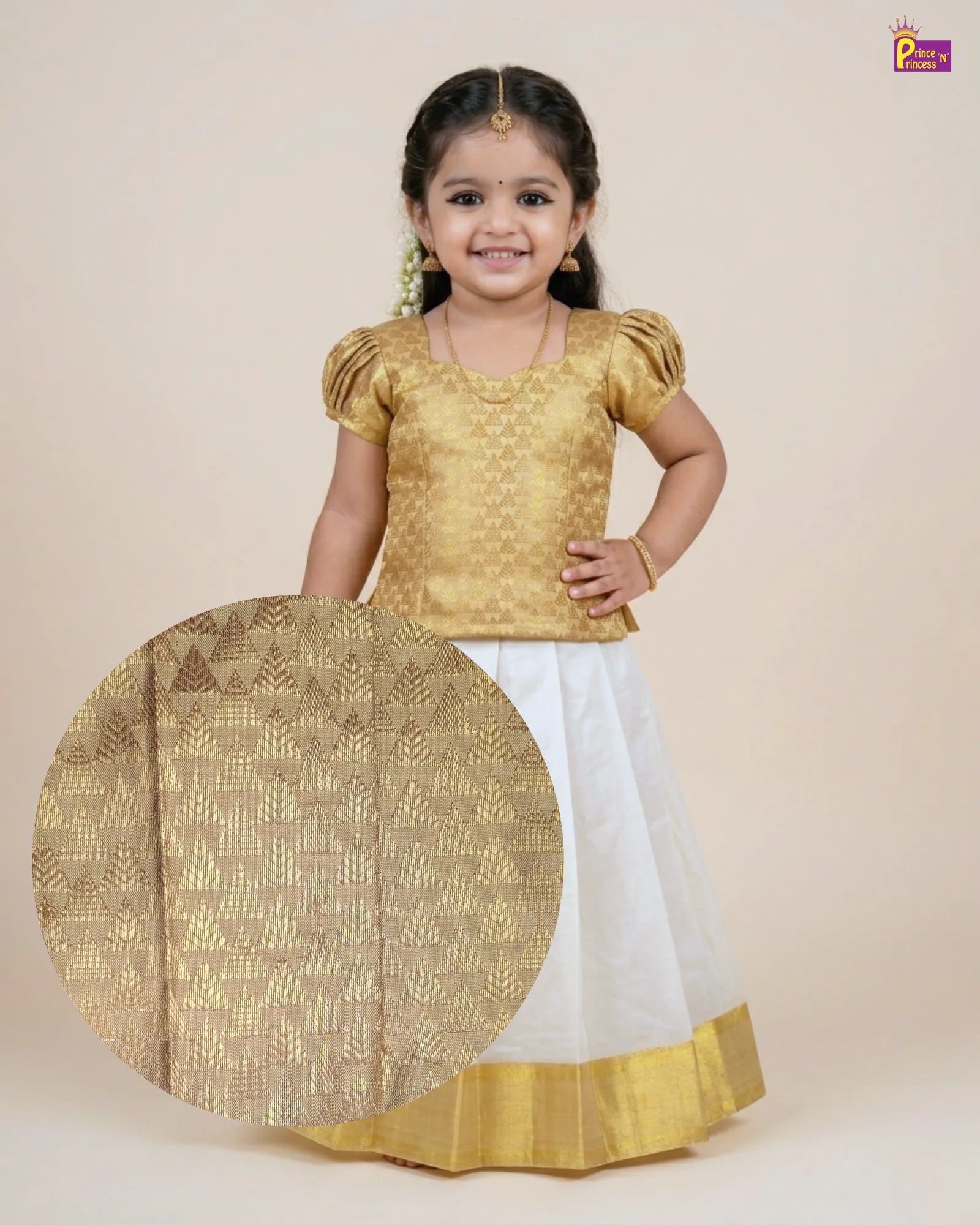 Young girl wearing a traditional outfit with a gold top and white skirt on a beige background