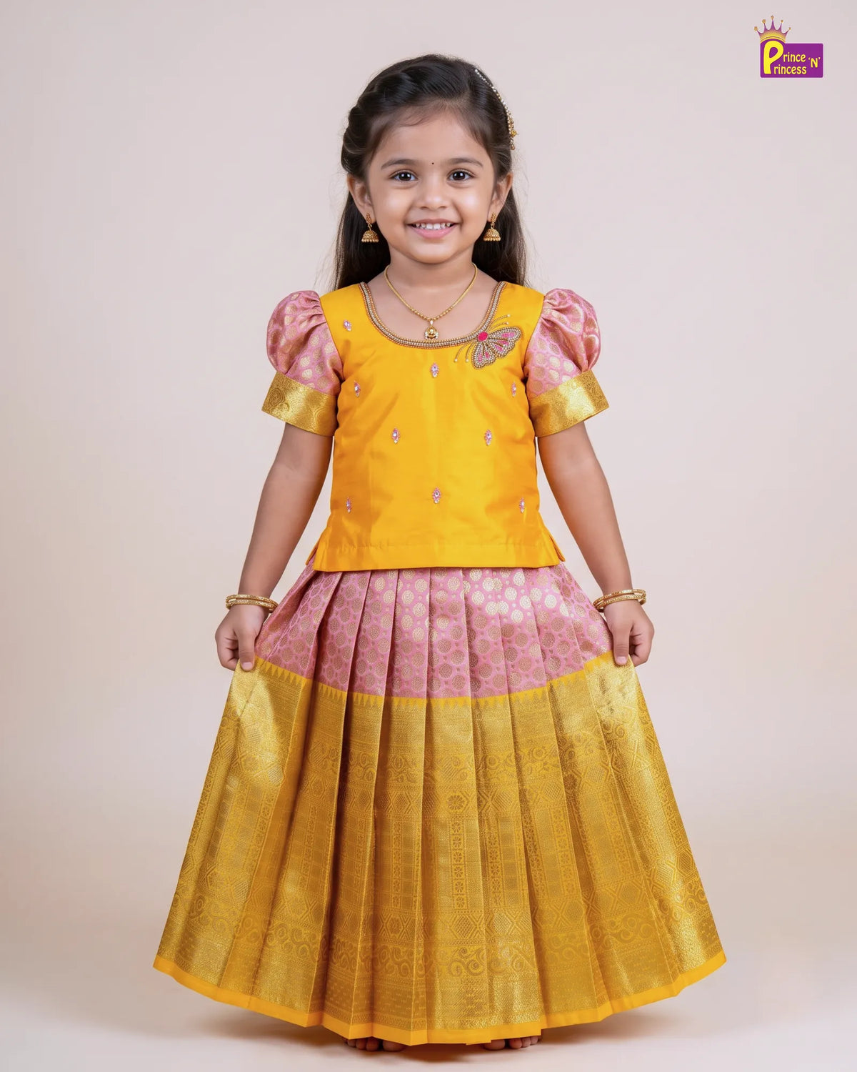 Girls Yellow & Pink Butterfly Pattu Pavadai Set for Diwali PPP2181