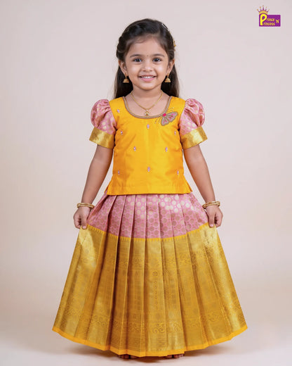 Girls Yellow & Pink Butterfly Pattu Pavadai Set for Diwali PPP2181