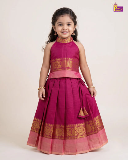 Girls Chettinad Cotton Pattu Pavadai Set – Halter Neck with Gold Zari Border PPP2172