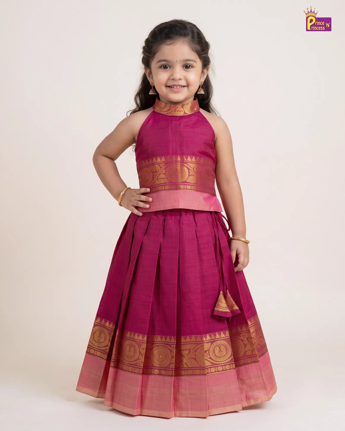 Girls Chettinad Cotton Pattu Pavadai Set – Halter Neck with Gold Zari Border PPP2172