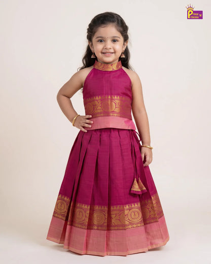 Girls Chettinad Cotton Pattu Pavadai Set – Halter Neck with Gold Zari Border PPP2172