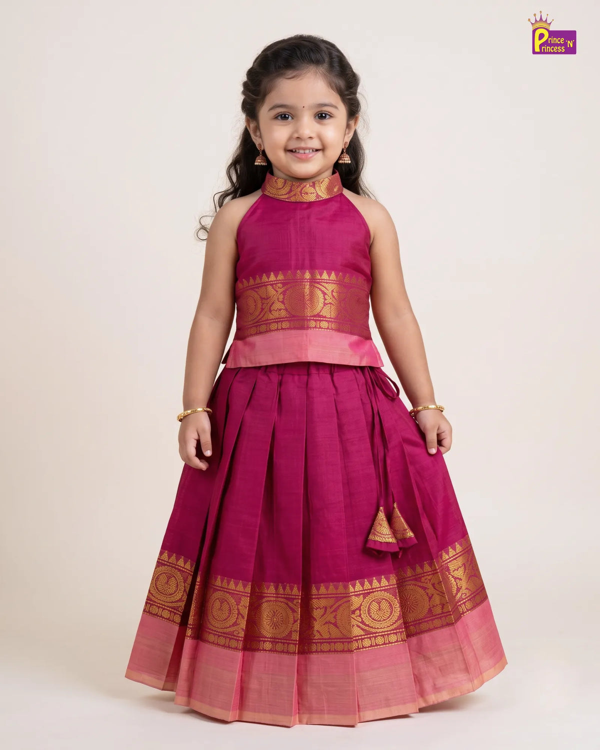Girls Chettinad Cotton Pattu Pavadai Set – Halter Neck with Gold Zari Border PPP2172
