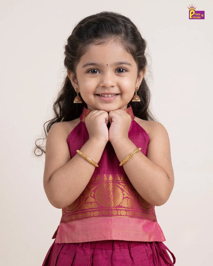 Girls Chettinad Cotton Pattu Pavadai Set – Halter Neck with Gold Zari Border PPP2172