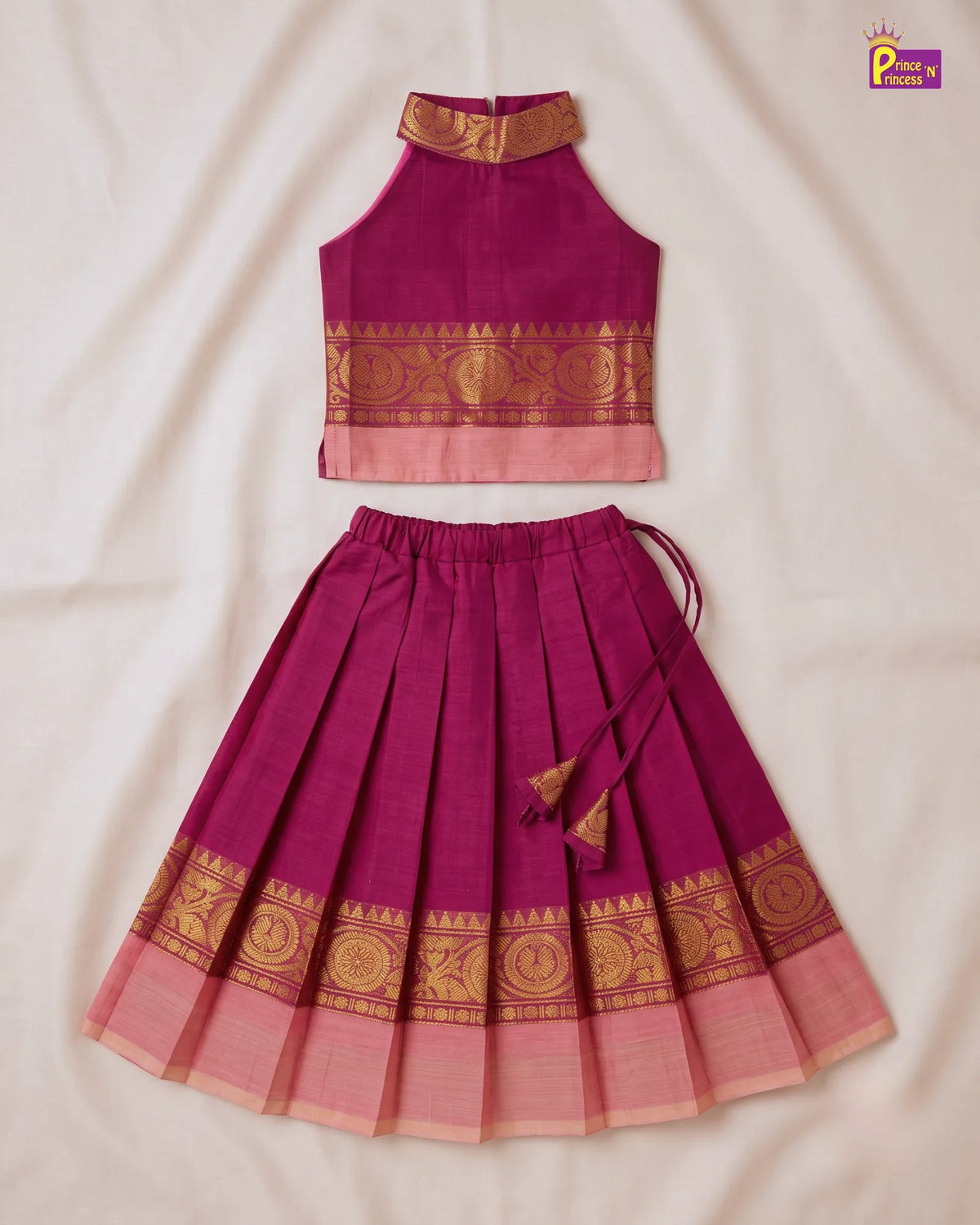 Girls Chettinad Cotton Pattu Pavadai Set – Halter Neck with Gold Zari Border PPP2172