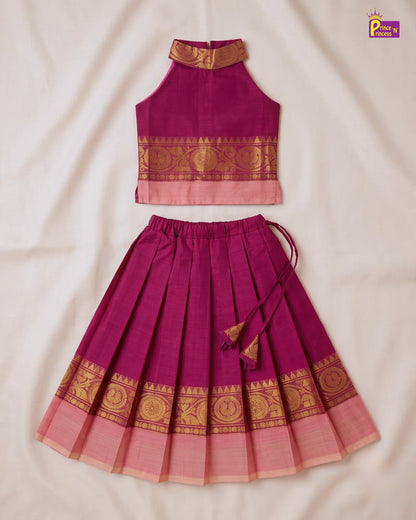 Girls Chettinad Cotton Pattu Pavadai Set – Halter Neck with Gold Zari Border PPP2172