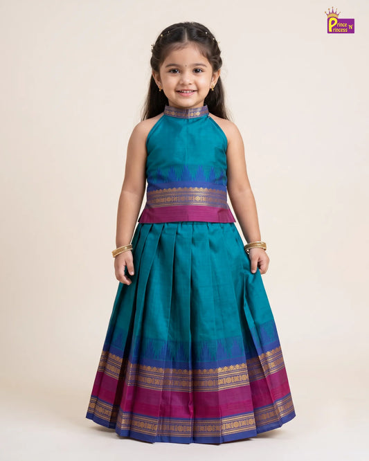 Girls Magenta Modern Halter Neck Chettinad Cotton Pattu Pavadai Set PPP2173