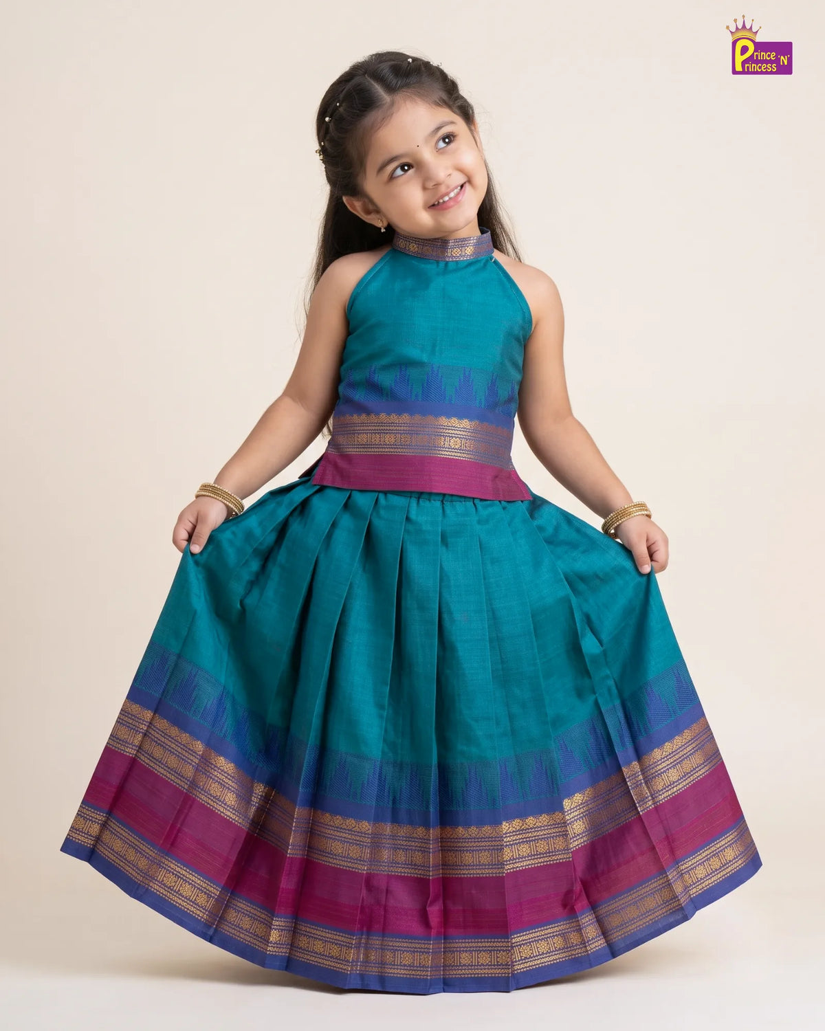 Girls Magenta Modern Halter Neck Chettinad Cotton Pattu Pavadai Set PPP2173