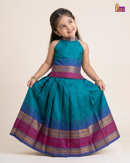 Girls Magenta Modern Halter Neck Chettinad Cotton Pattu Pavadai Set PPP2173