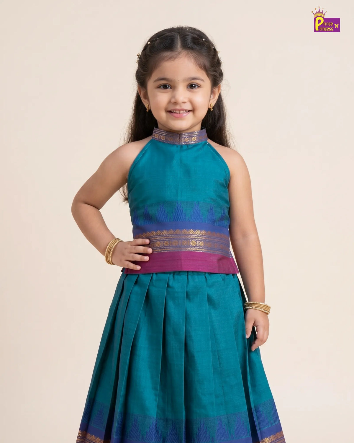 Girls Magenta Modern Halter Neck Chettinad Cotton Pattu Pavadai Set PPP2173