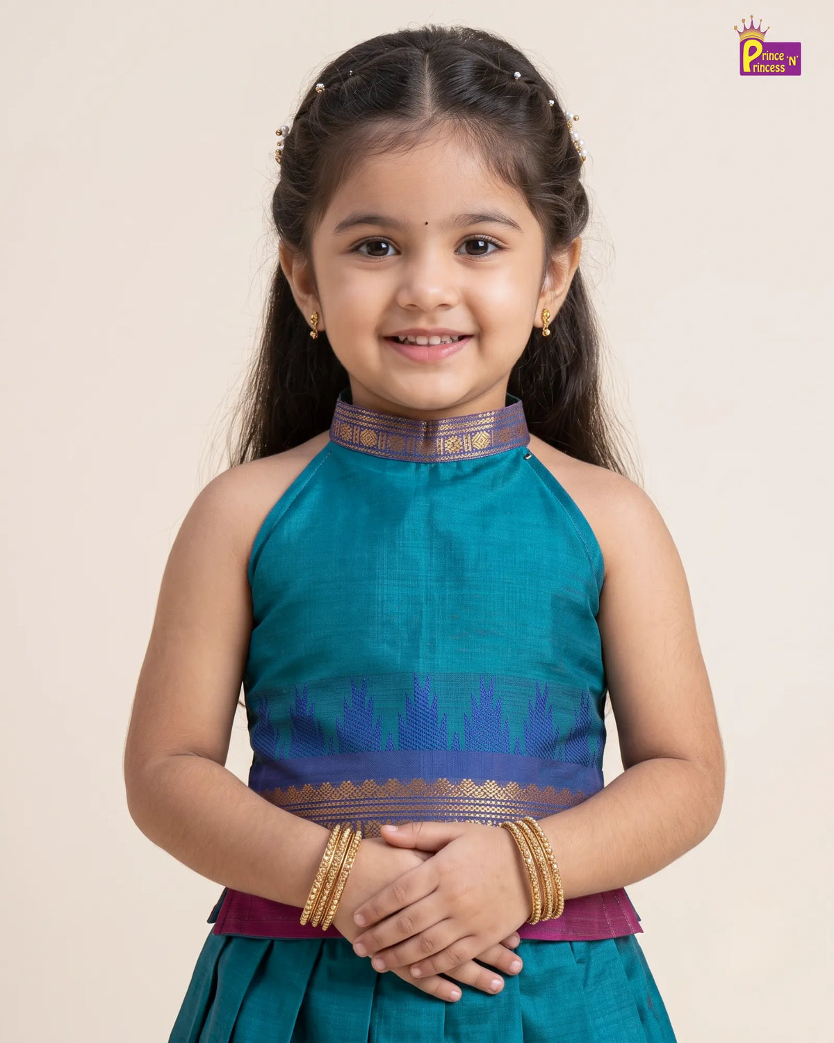 Girls Magenta Modern Halter Neck Chettinad Cotton Pattu Pavadai Set PPP2173