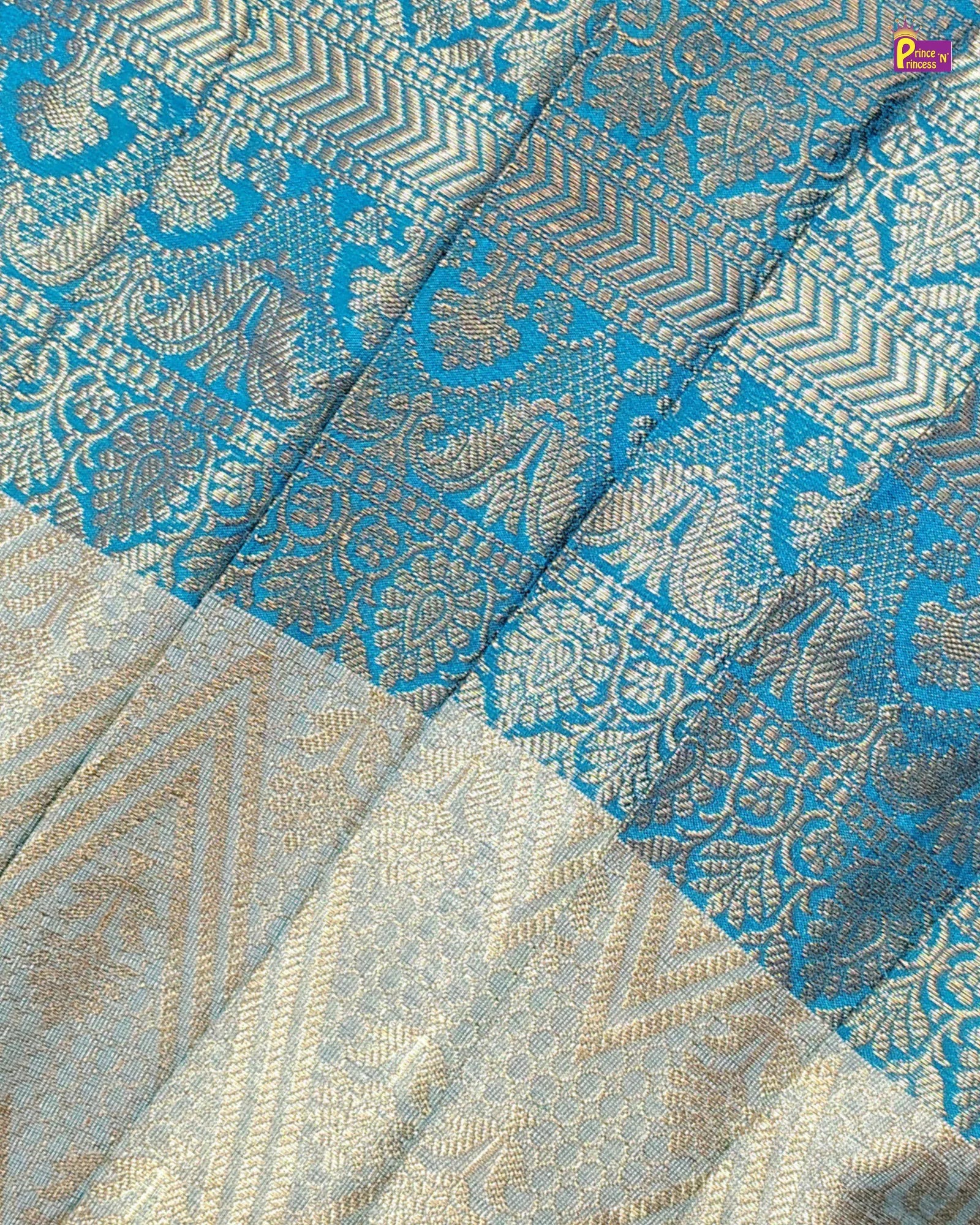 Patterned fabric with blue and beige design