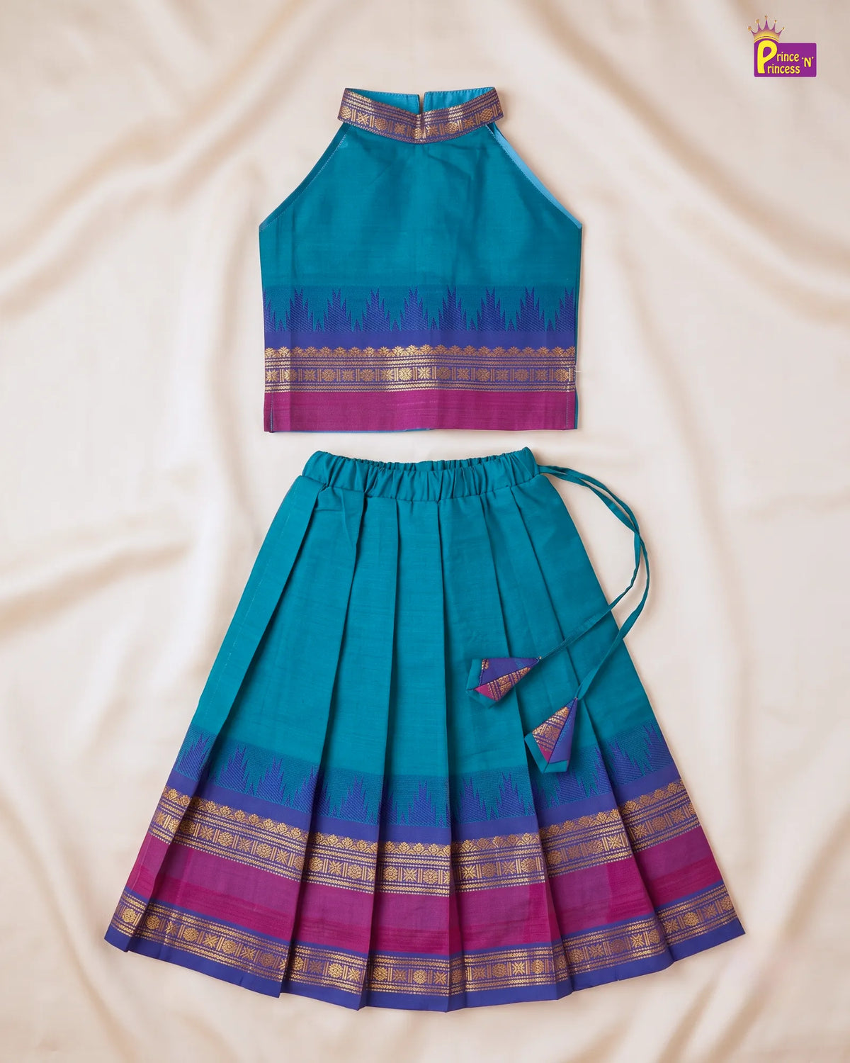Girls Magenta Modern Halter Neck Chettinad Cotton Pattu Pavadai Set PPP2173