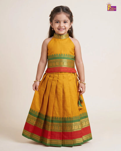 Girls Cotton Pattu Pavadai Set – Mustard Green PPP2174