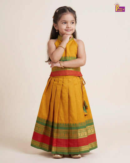 Girls Cotton Pattu Pavadai Set – Mustard Green PPP2174