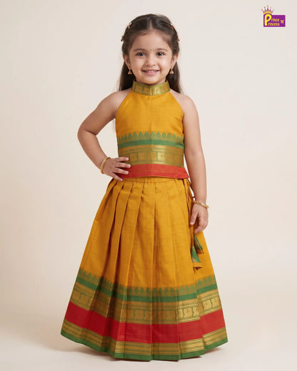 Girls Cotton Pattu Pavadai Set – Mustard Green PPP2174