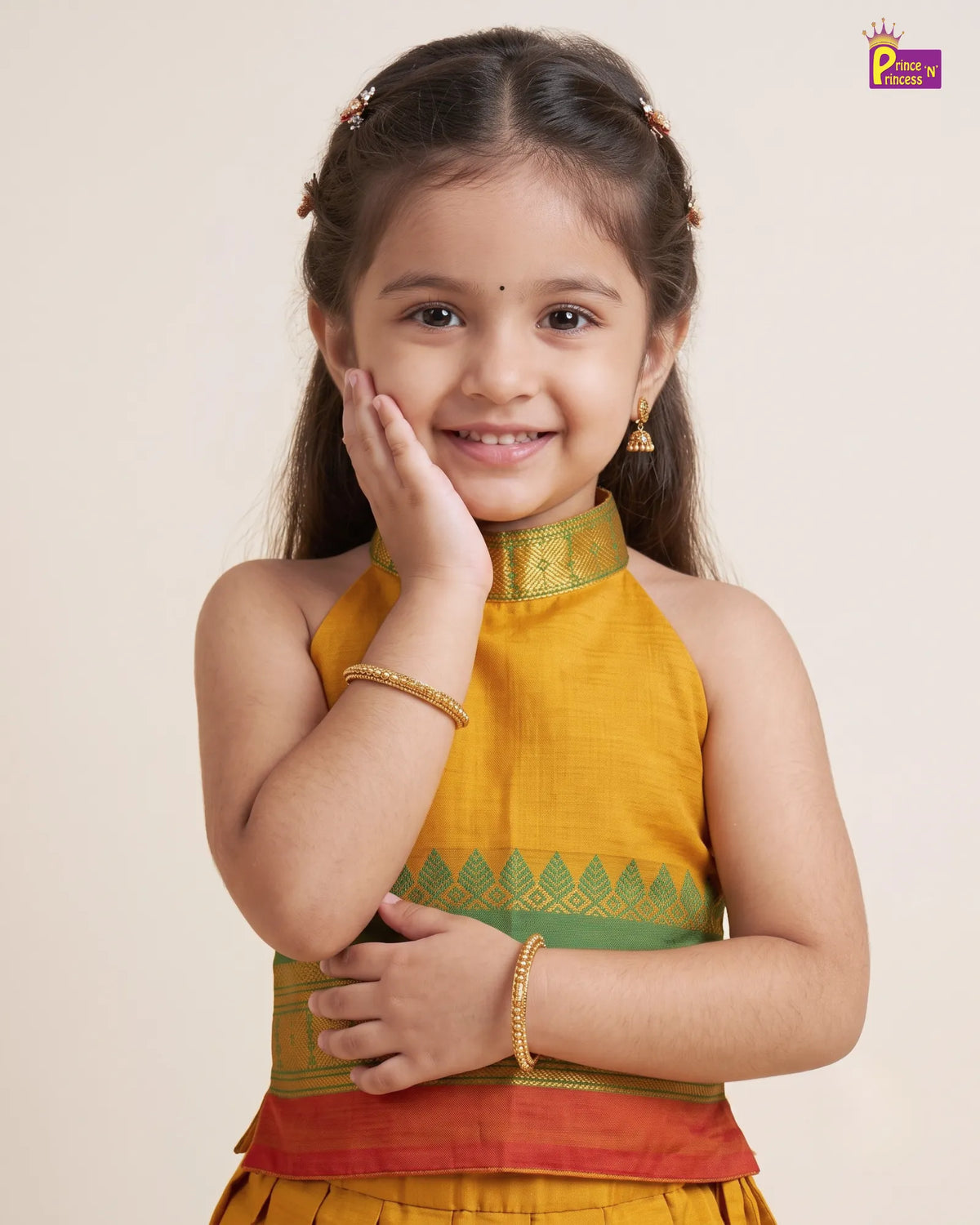 Girls Cotton Pattu Pavadai Set – Mustard Green PPP2174