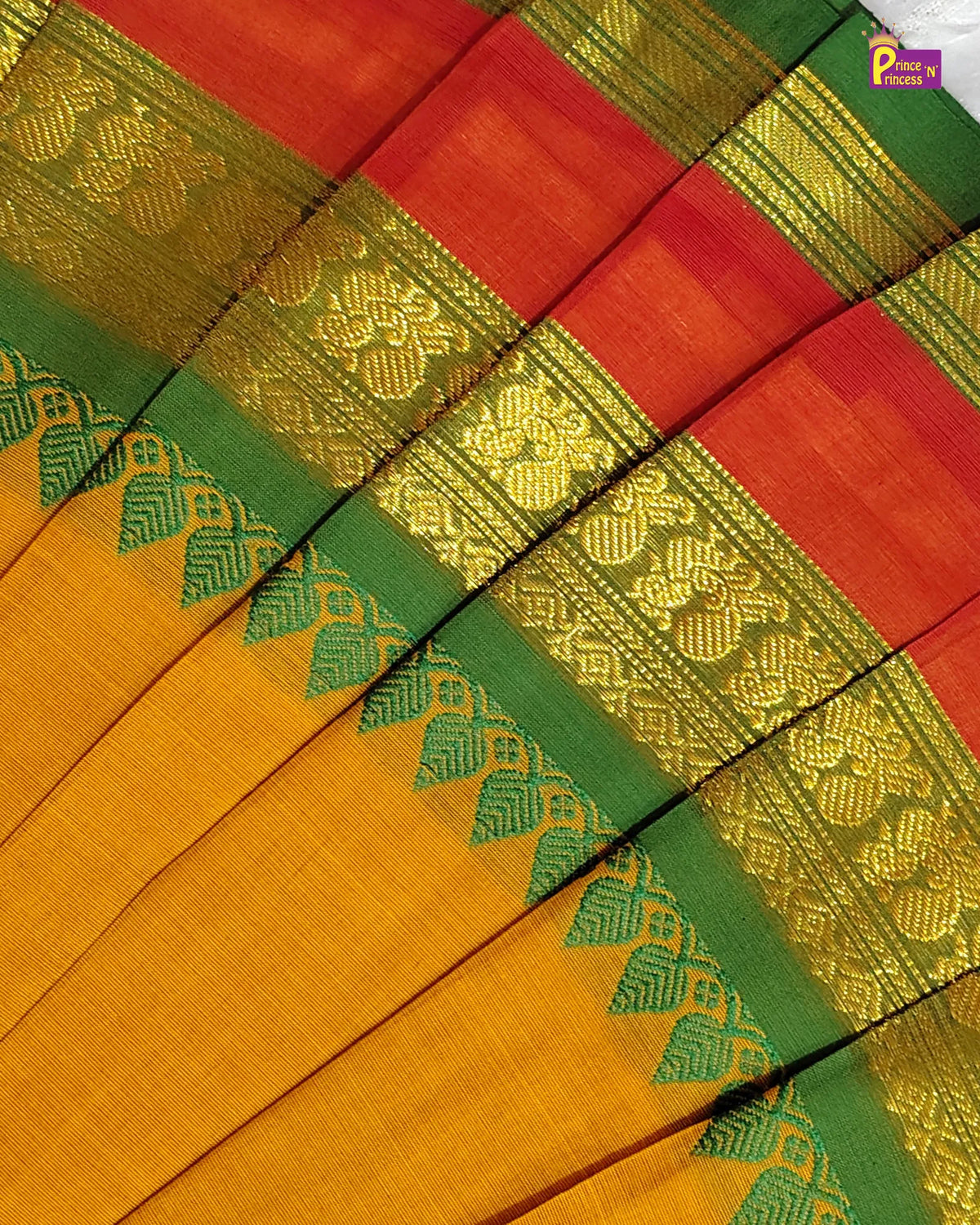 Girls Cotton Pattu Pavadai Set – Mustard Green PPP2174