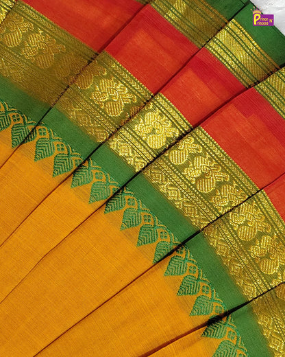 Girls Cotton Pattu Pavadai Set – Mustard Green PPP2174