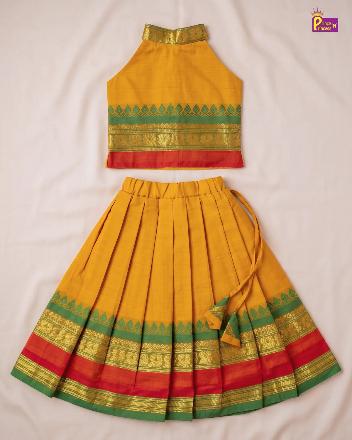 Girls Cotton Pattu Pavadai Set – Mustard Green PPP2174