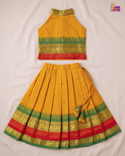 Girls Cotton Pattu Pavadai Set – Mustard Green PPP2174