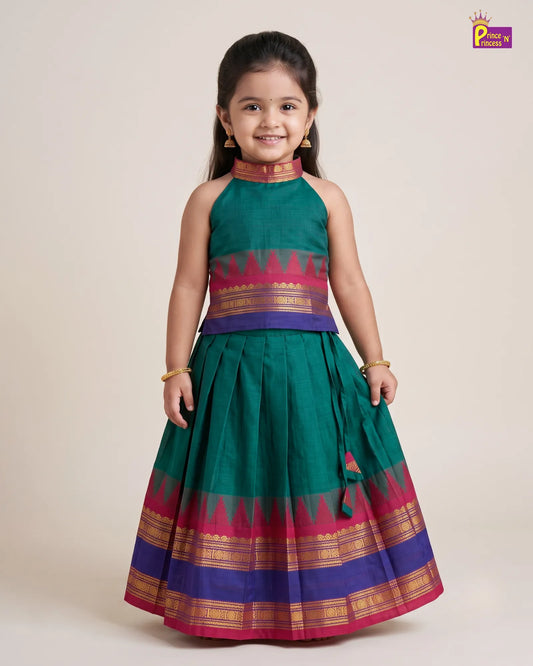 Girls Teal Green Cotton Halter Neck Pattu Pavadai Set with Pink Border PPP2175