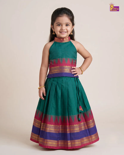 Girls Teal Green Cotton Halter Neck Pattu Pavadai Set with Pink Border PPP2175