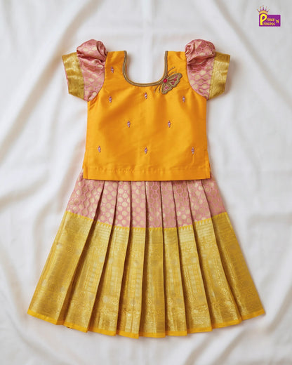 Girls Yellow & Pink Butterfly Pattu Pavadai Set for Diwali PPP2181