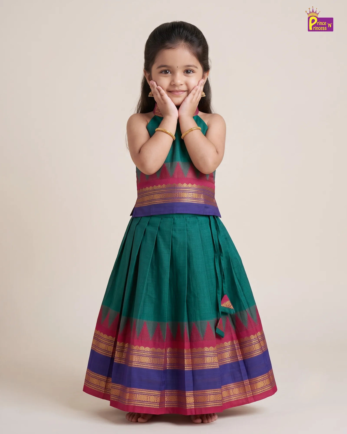 Girls Teal Green Cotton Halter Neck Pattu Pavadai Set with Pink Border PPP2175