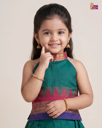Girls Teal Green Cotton Halter Neck Pattu Pavadai Set with Pink Border PPP2175