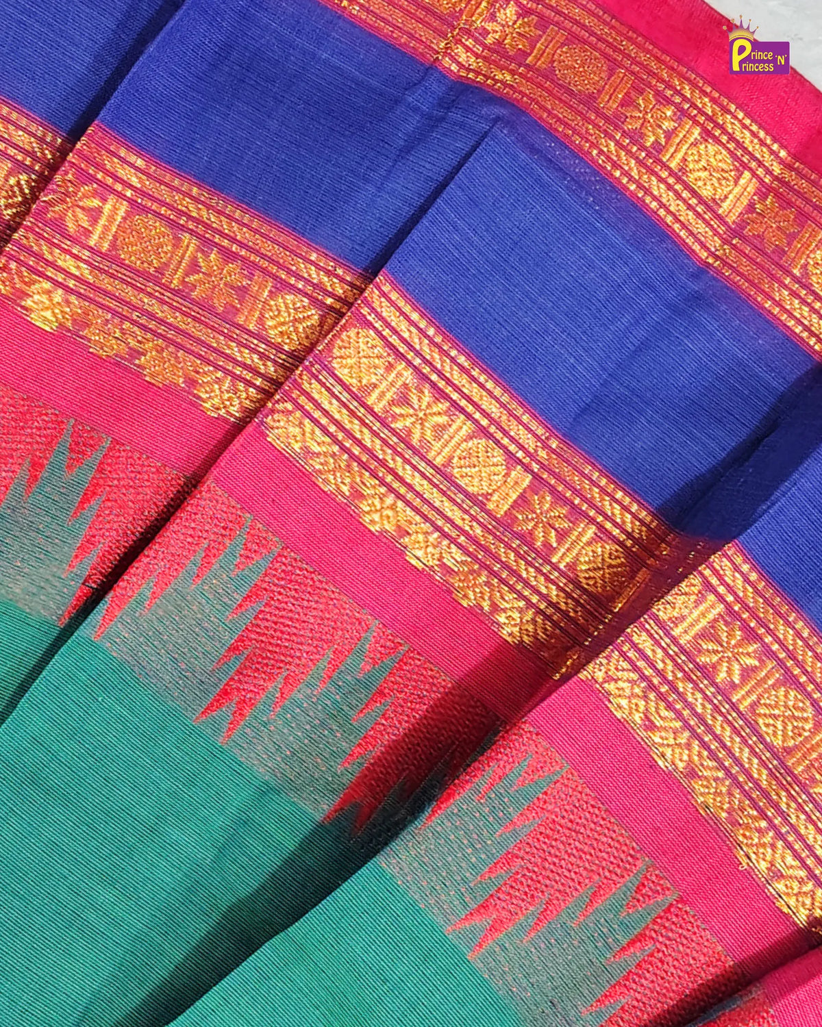 Girls Teal Green Cotton Halter Neck Pattu Pavadai Set with Pink Border PPP2175