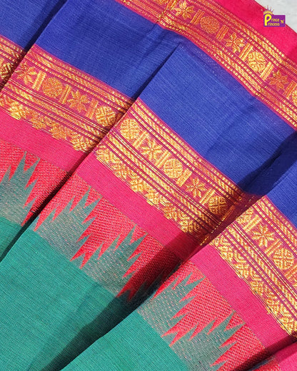 Girls Teal Green Cotton Halter Neck Pattu Pavadai Set with Pink Border PPP2175