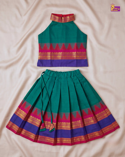 Girls Teal Green Cotton Halter Neck Pattu Pavadai Set with Pink Border PPP2175