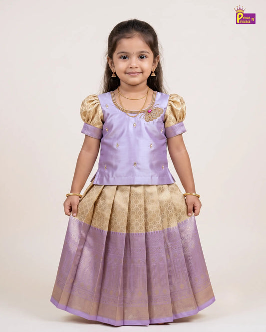 Girls Lavender & Gold Butterfly Pattu Pavadai Set for Diwali PPP2182