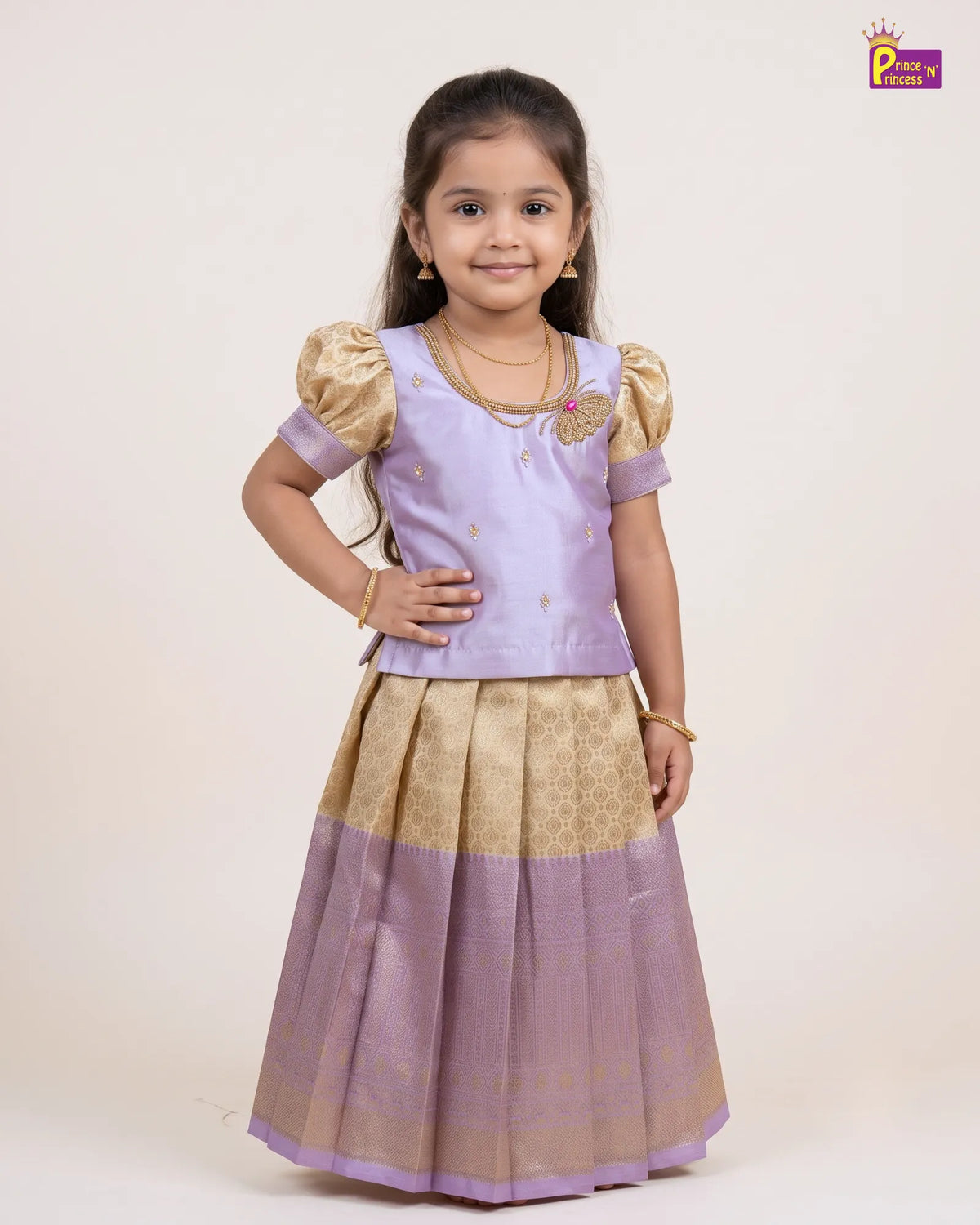 Girls Lavender & Gold Butterfly Pattu Pavadai Set for Diwali PPP2182